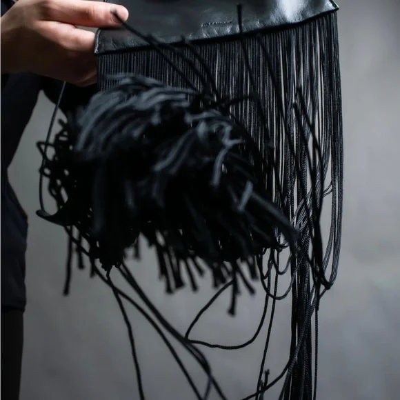 Jil Sander Designer Black Leather Tassle Fringe Unique Smooth Bag Handbag Should - Picture 8 of 16
